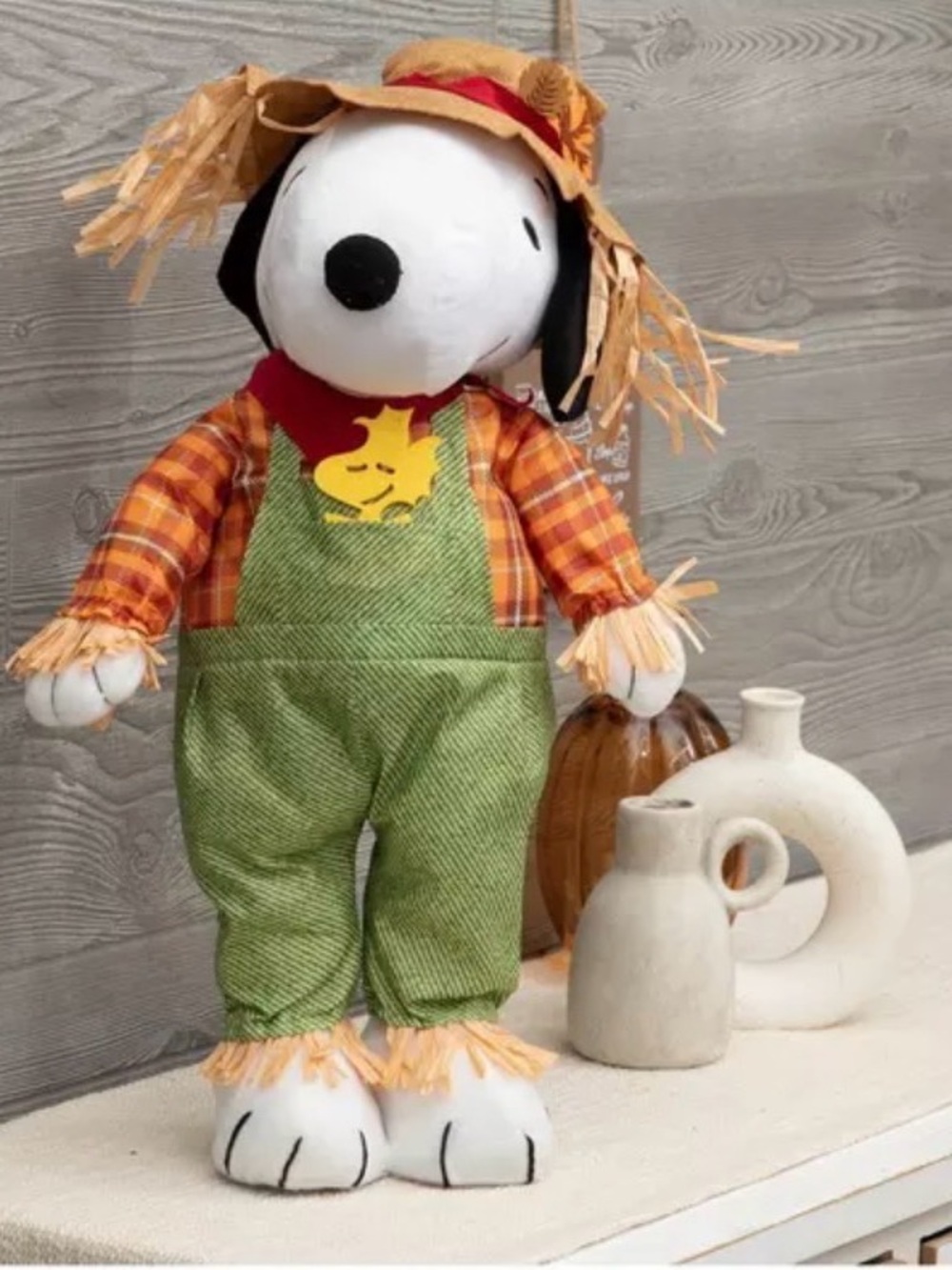 Snoopy Scarecrow Plush in Orange Plaid & Green Overalls Standing Scarecrow